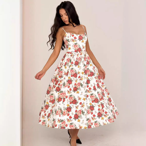 Damen Midi-Kleid mit elegantem Blumenmuster und zartem Taillenzug EB