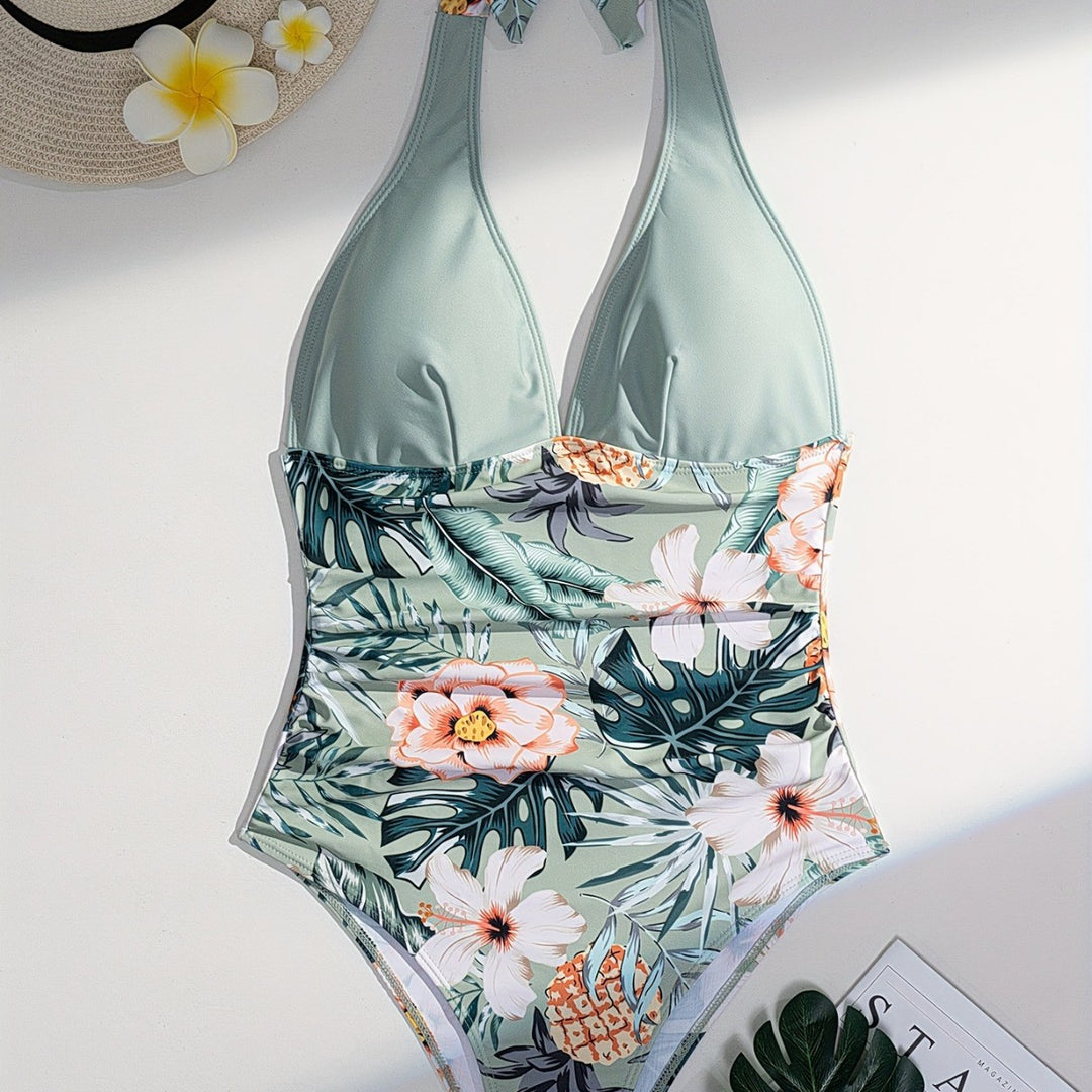 Damen Eleganter Hoch geschnittener Badeanzug mit floralem Design EB