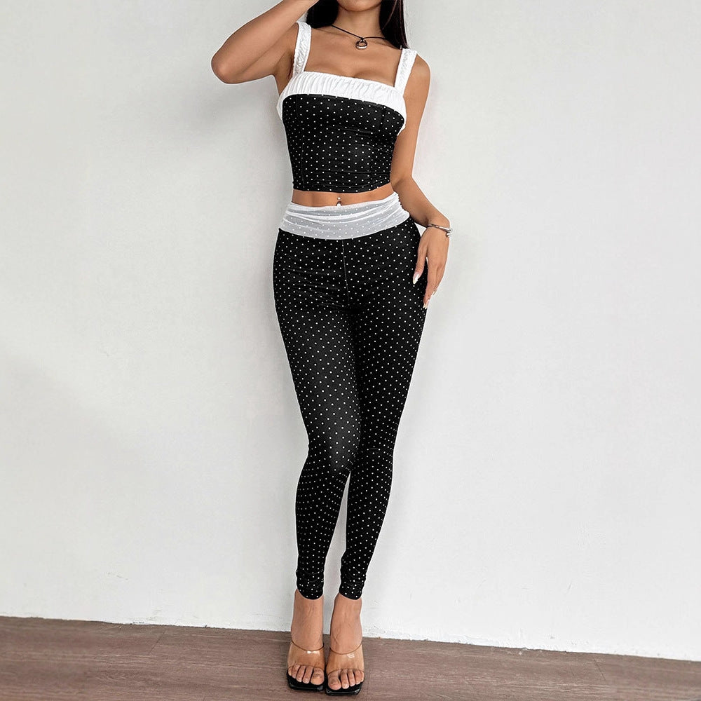 Damen Zweiteiliges Set mit gepunktetem Top und passender Hose EB