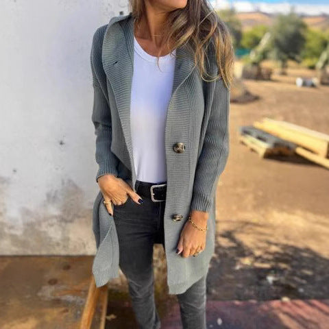 Damen Strickjacke mit Kapuze und dekorativen Knöpfen EB