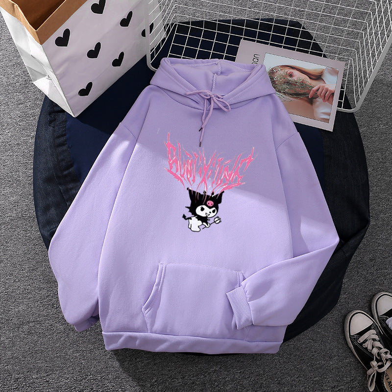 Damen nan lockeres Kapuzensweatshirt aus angerautem Fleece mit Kängurutasche und kawaii-Charakter-Print EB