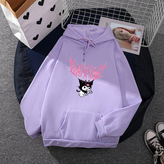 Damen nan lockeres Kapuzensweatshirt aus angerautem Fleece mit Kängurutasche und kawaii-Charakter-Print EB