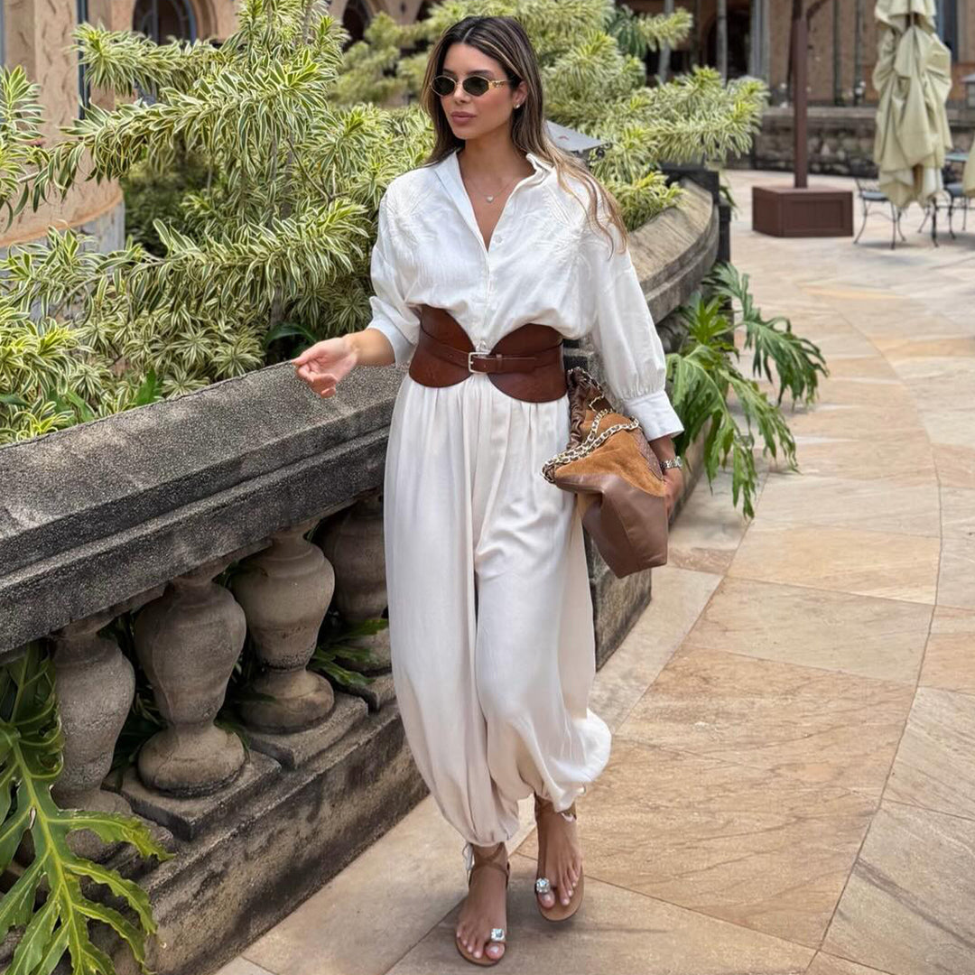 Damen voluminöser Jumpsuit mit eleganter Knopfbluse und Taillengürtel EB