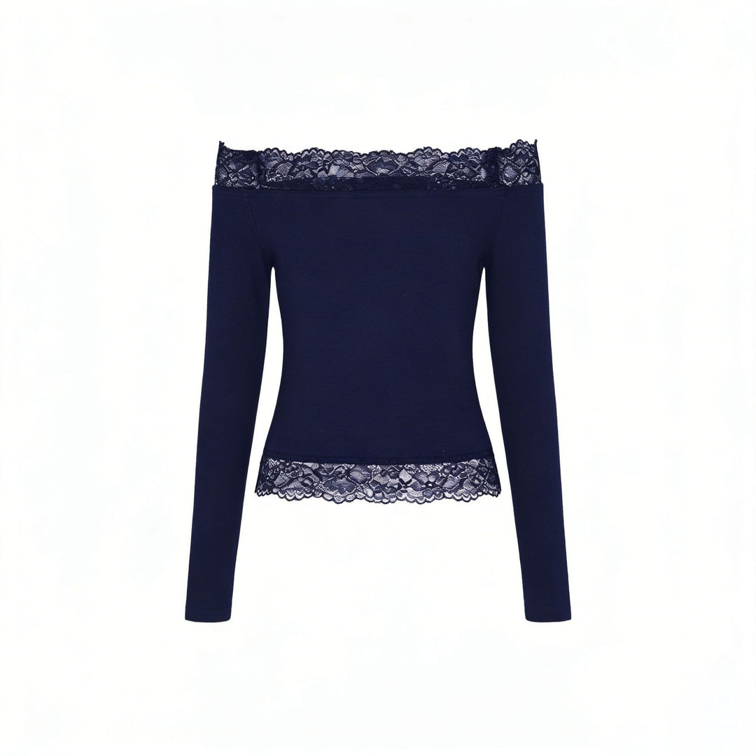 Damen elegantes Off-Shoulder Shirt mit Spitzenbesatz EB