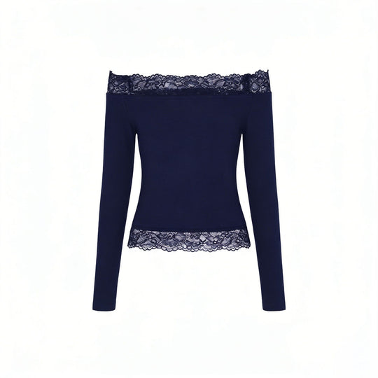 Damen elegantes Off-Shoulder Shirt mit Spitzenbesatz EB