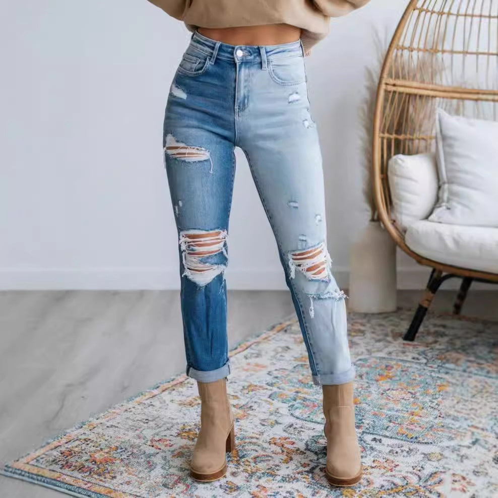 Damen Hoch geschnittene Destroyed Jeans im lässigen Vintage-Stil EB