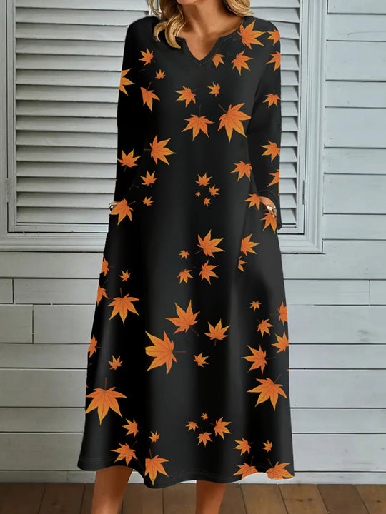 Damen Maxikleid mit V-Ausschnitt und herbstlichem Blattdesign EB