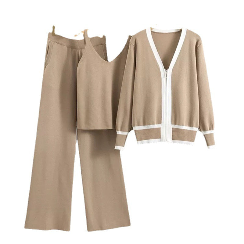 Damen lässiges Strick-Loungewear-Set mit hochwertigem Zip-Cardigan und Weitbein-Hosen EB