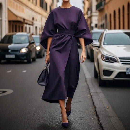 Damen fließendes Maxikleid mit eleganten Ärmeln und Taillengürtel EB