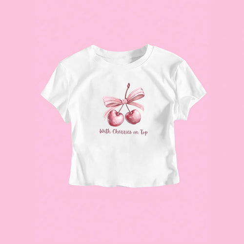 Damen Kurzarm Crop-T-Shirt mit fröhlichem Kirschmotiv und Schleifenapplikation EB