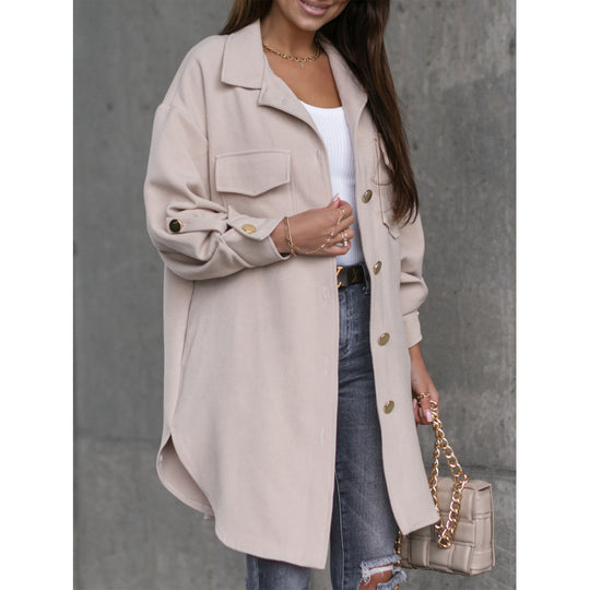 Damen Stylish Overshirt mit praktischen Taschen und druckknopfbarer Front EB