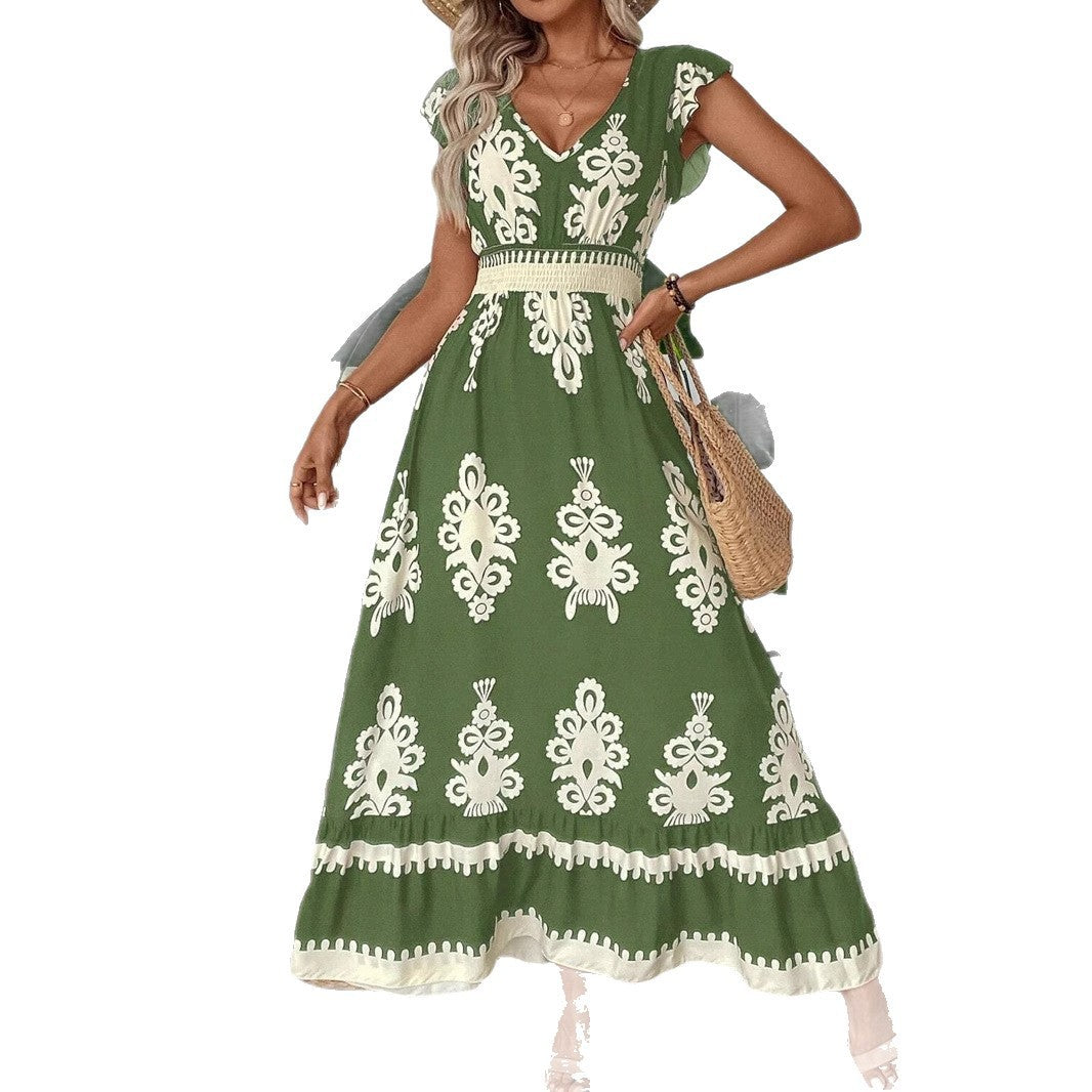 Damen Maxikleid mit V-Ausschnitt und einzigartigem floralem Design EB