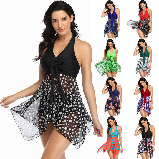 Damen Strandkleid mit asymmetrischem Schnitt und modischem Polka-Dots-Muster EB
