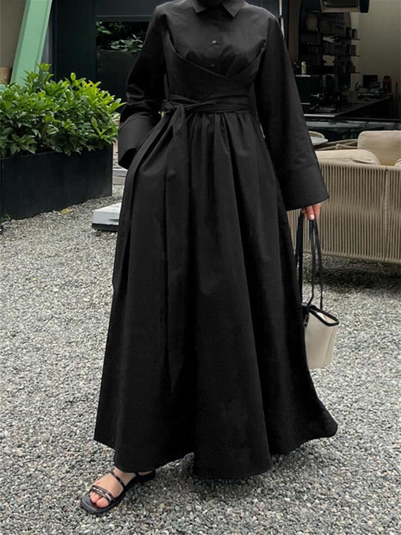 Damen Maxikleid im Hemdblusenstil mit Taillenwickel, weitem Tellerrock und breiten Manschetten EB
