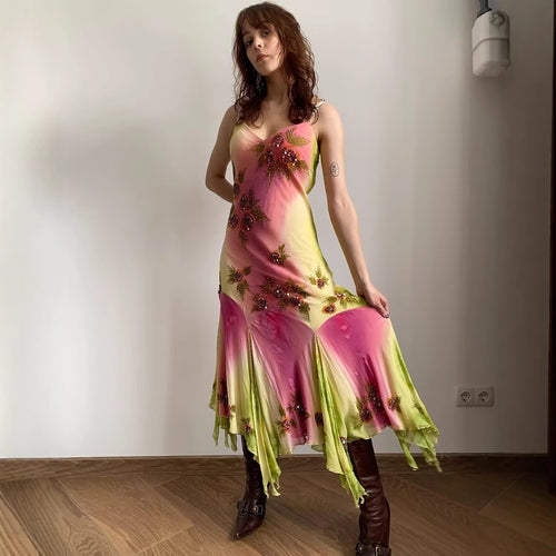 Damen asymmetrisches Sommerkleid mit floralem Design und zarten Spaghettiträgern EB