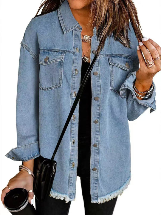 Damen Oversized Jeanshemd mit Fransen EB