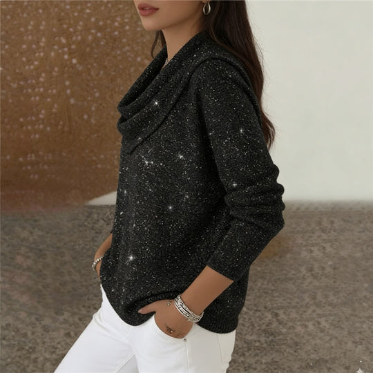 Damen nan fein gestrickter Pullover mit Wasserfallkragen und geripptem Saum EB
