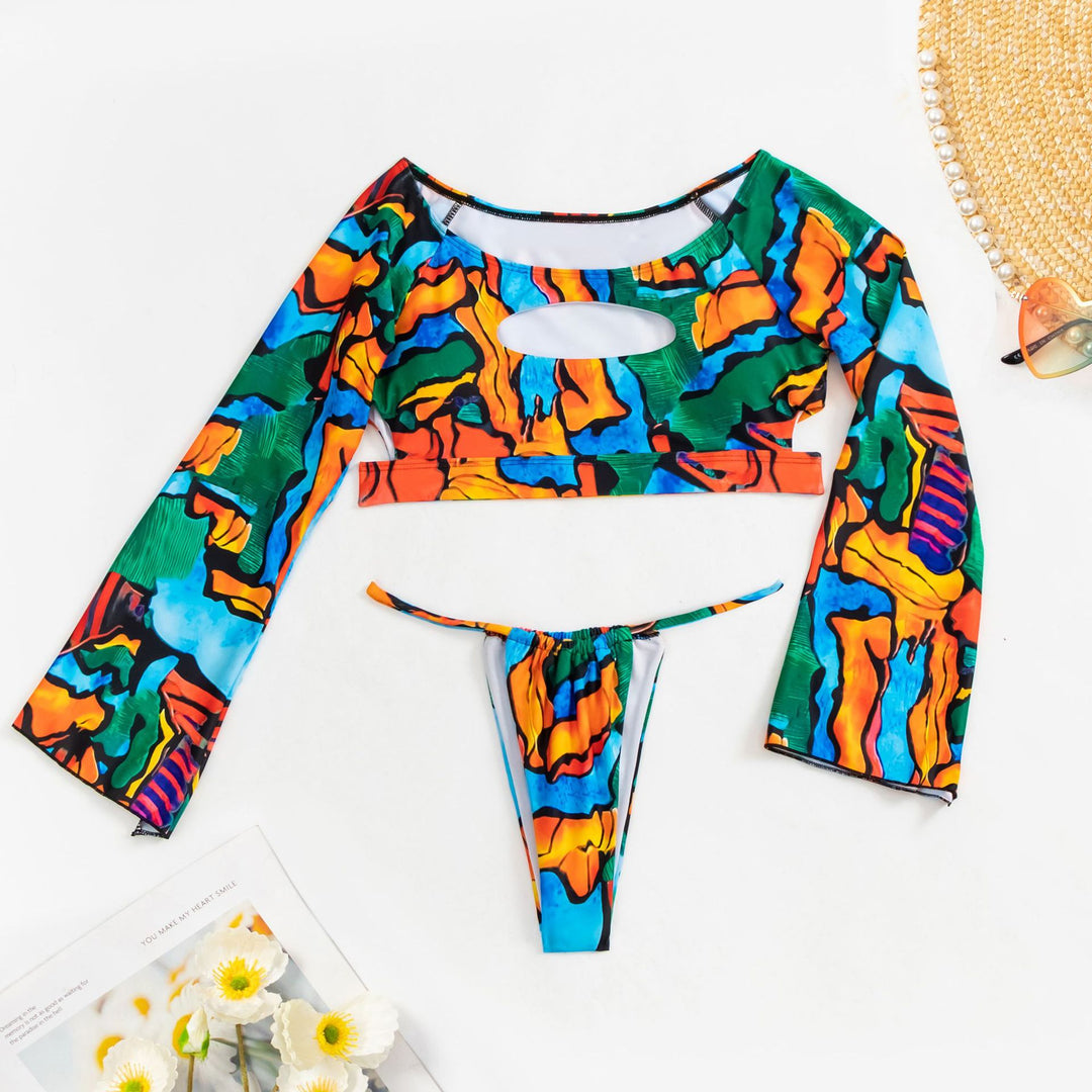 Damen Crop-Top Bikini mit langen Ärmeln und modischem Ausschnitt EB