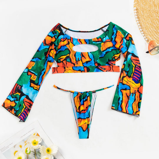 Damen Crop-Top Bikini mit langen Ärmeln und modischem Ausschnitt EB