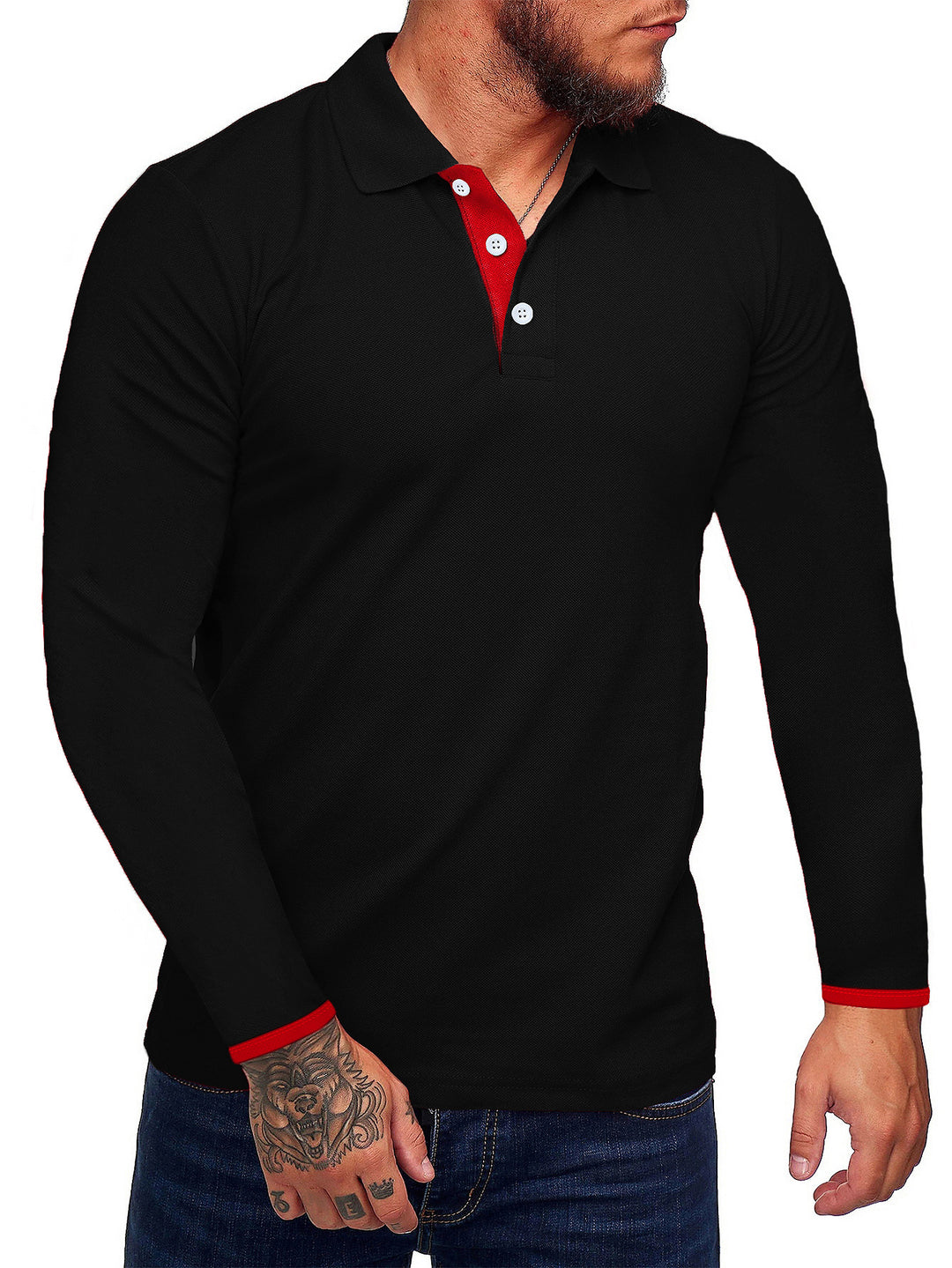 Herren Langarm-Polohemd mit kontrastierenden Knopfdetails EB