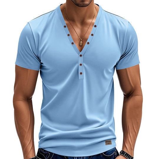 Herren Kurzarm Henley-T-Shirt mit modischem V-Ausschnitt und dekorativen Knöpfen EB