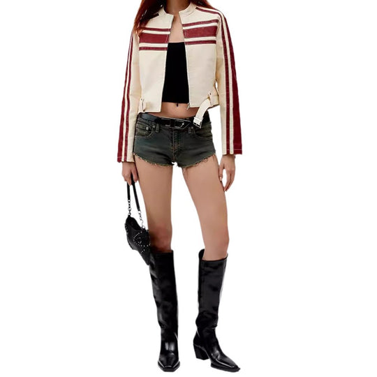 Damen kunstlederne Bikerjacke mit dezenten Kontraststreifen EB