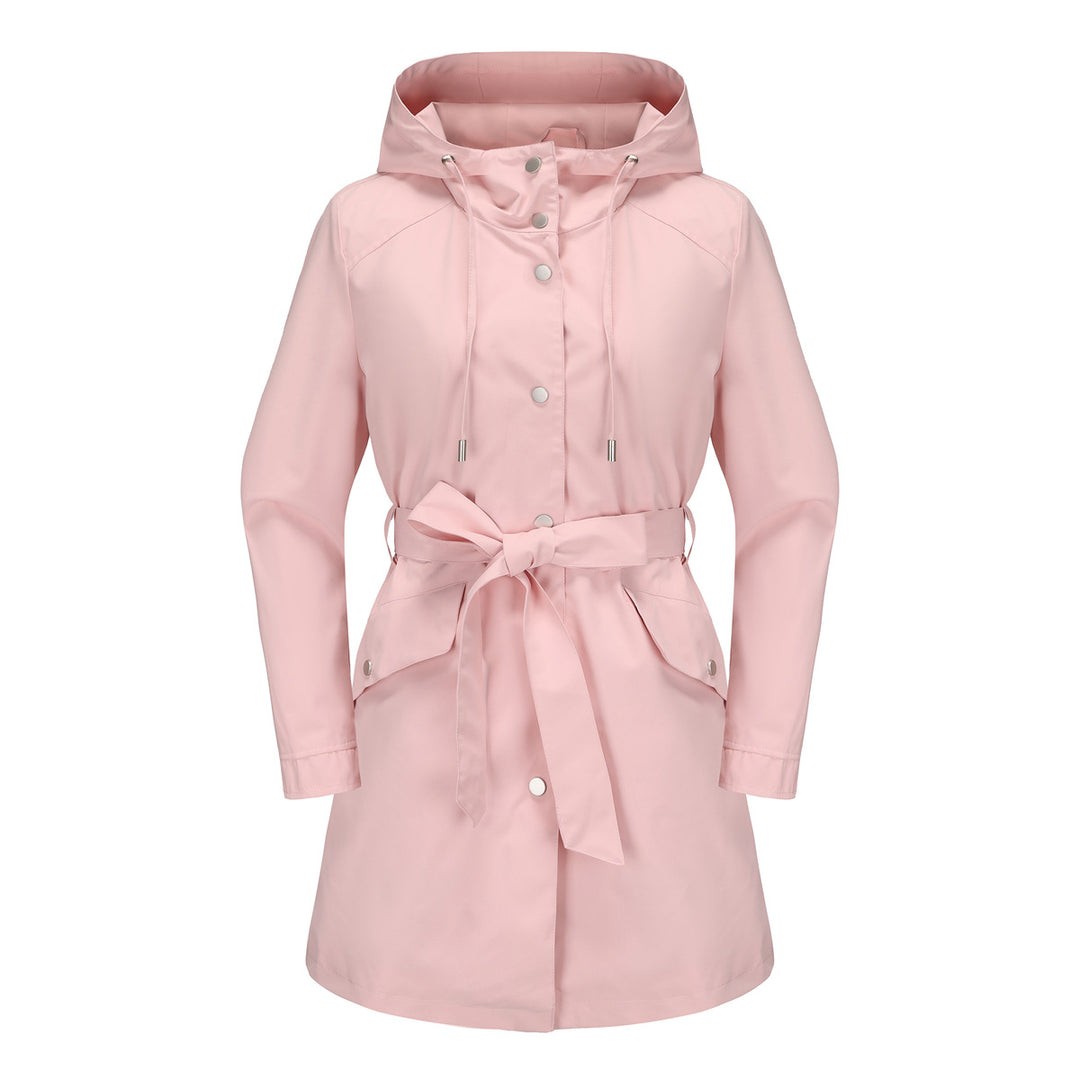 Damen wasserfeste Übergangsjacke mit verstellbarem Kapuzenkragen und Taillengürtel EB