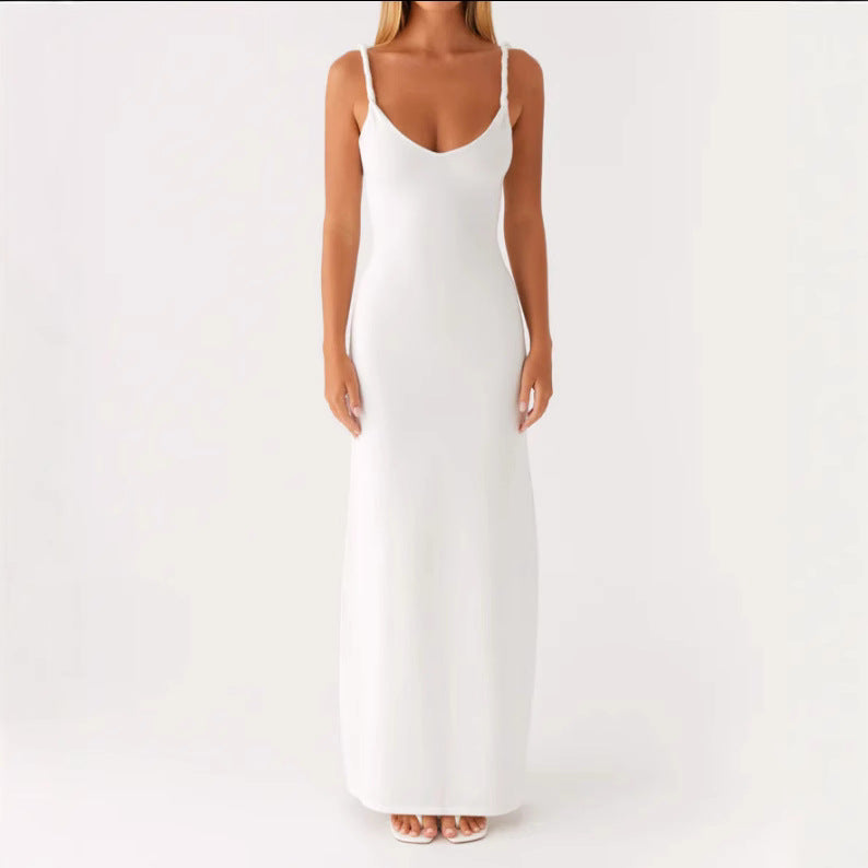 Damen Langarm-Maxikleid aus hochwertigem, elastischem Material mit tiefem V-Ausschnitt und eleganten Spaghetti-Trägern EB