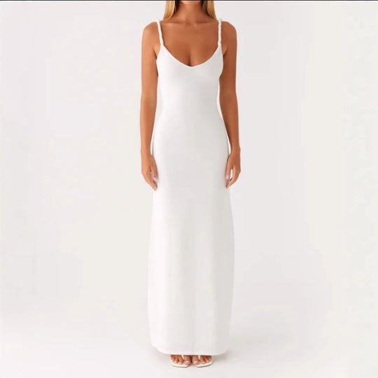 Damen Langarm-Maxikleid aus hochwertigem, elastischem Material mit tiefem V-Ausschnitt und eleganten Spaghetti-Trägern EB