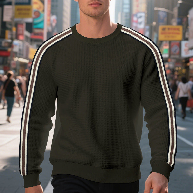 Herren Waffelstrick-Pullover mit kontrastierenden Ärmelstreifen und Rundhalsausschnitt EB