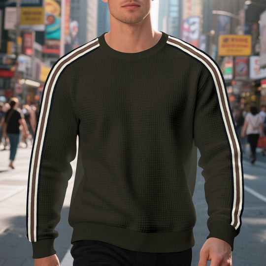Herren Waffelstrick-Pullover mit kontrastierenden Ärmelstreifen und Rundhalsausschnitt EB