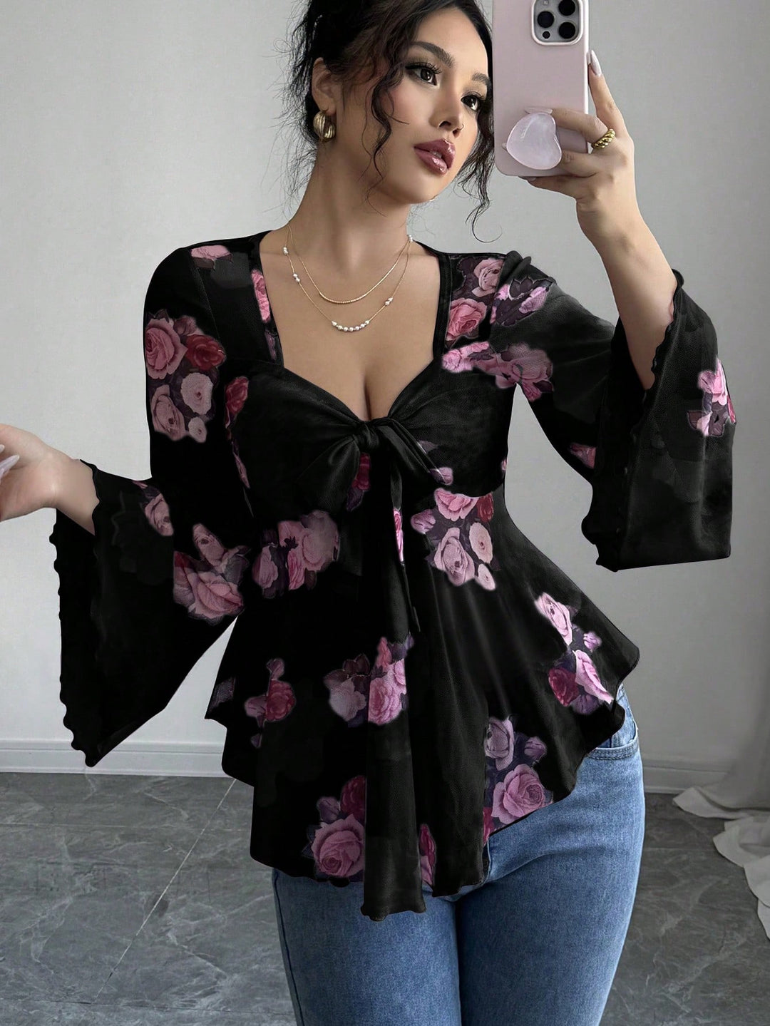 Damen luftige Bluse mit Blumenmuster EB