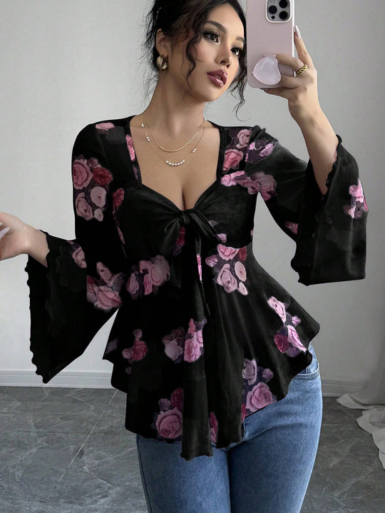 Damen luftige Bluse mit Blumenmuster EB