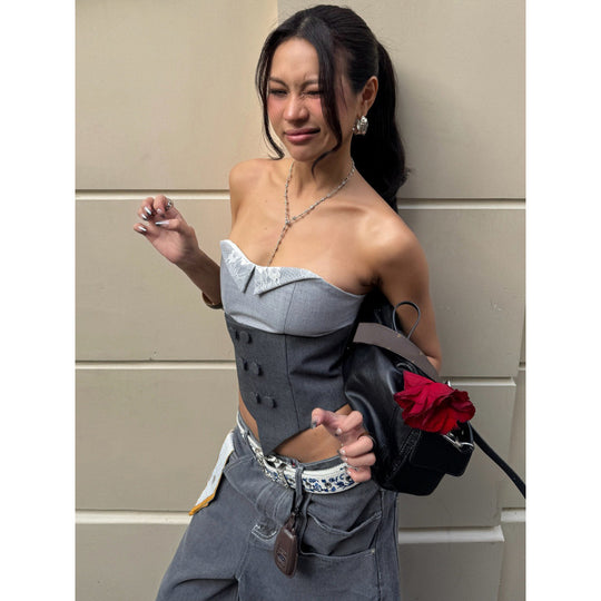 Damen Corsage mit Spitzenkragen und tailliertem Design EB