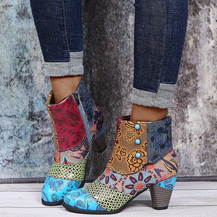 Damen Elegante Stiefeletten mit floralen Mustern und dekorativen Knöpfen EB