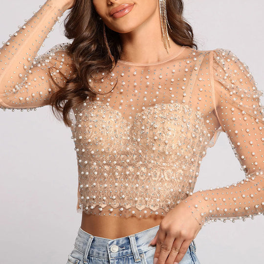 Damen glitzerndes Langarm-Top mit Strassverzierungen EB