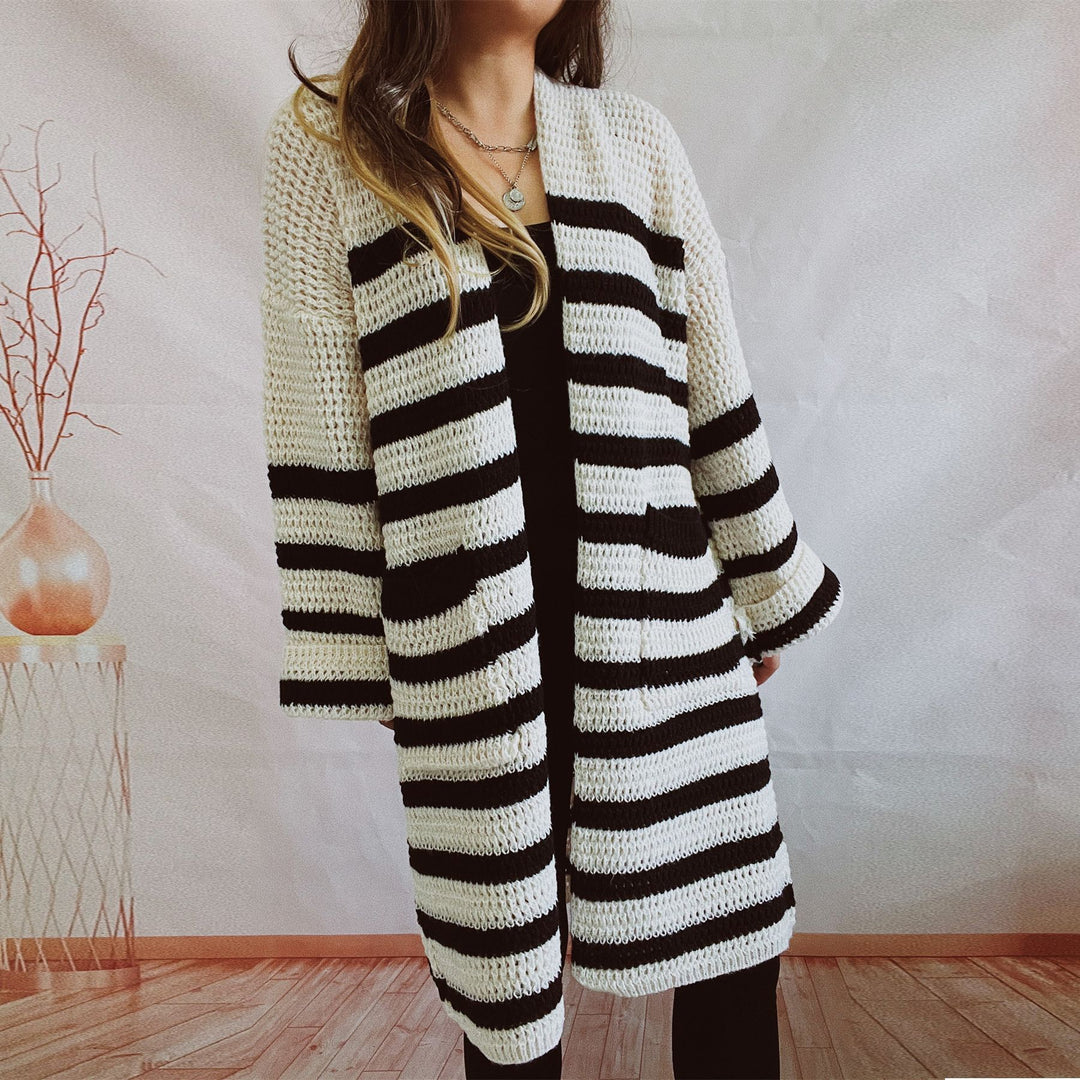 Damen lässige Strickjacke mit modernem Streifenmuster und offener Front EB