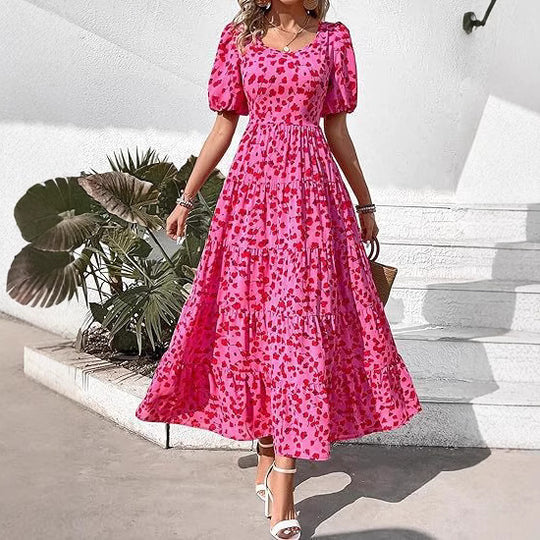 Damen Maxi-Kleid mit floralem Design und voluminösem Rock EB