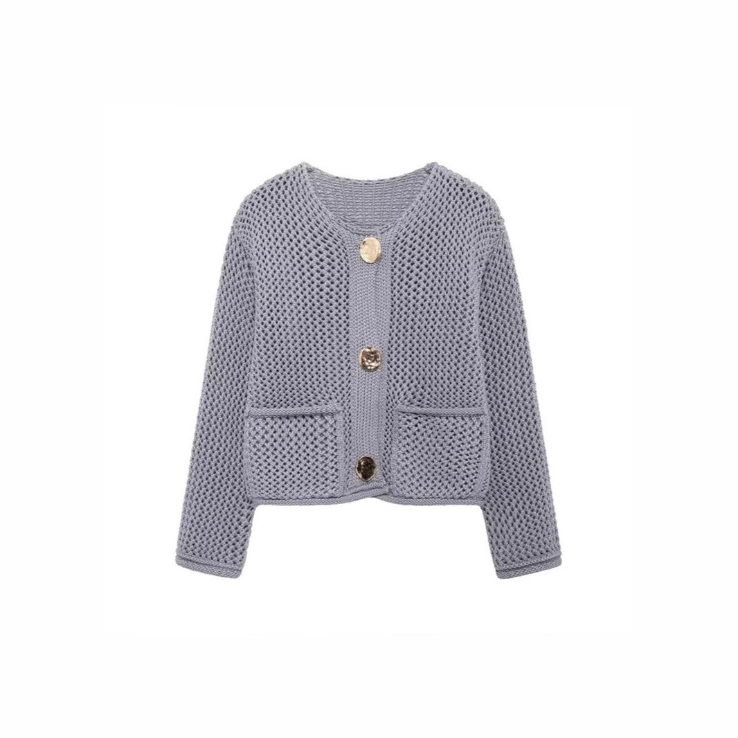Damen luftige Strickjacke mit durchbrochenem Muster und praktischen Taschen EB