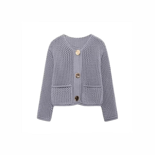 Damen luftige Strickjacke mit durchbrochenem Muster und praktischen Taschen EB