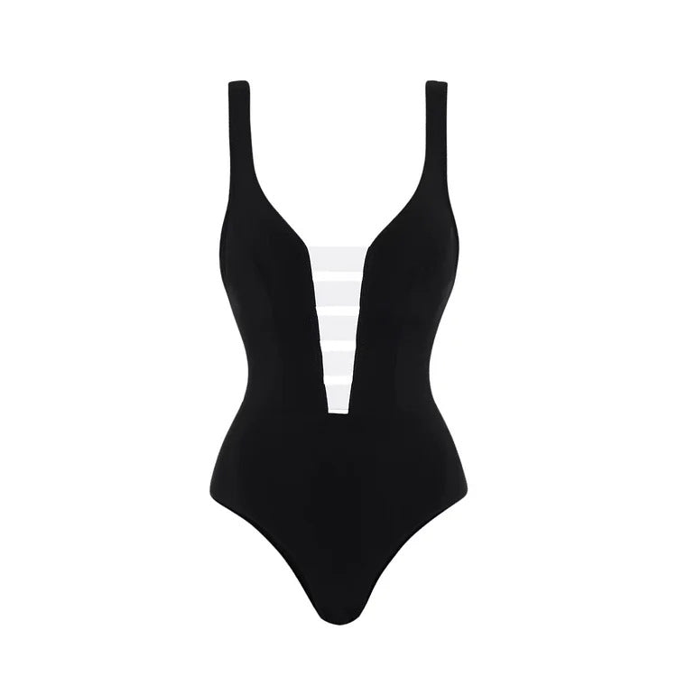 Damen eleganter Einteiler mit raffiniertem Transparentstreifen und voluminösem Maxi-Rock EB