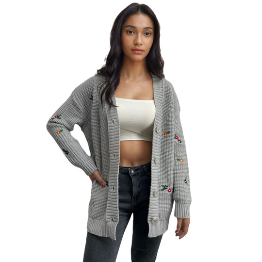 Damen Strickjacke mit floralem Stickdesign EB