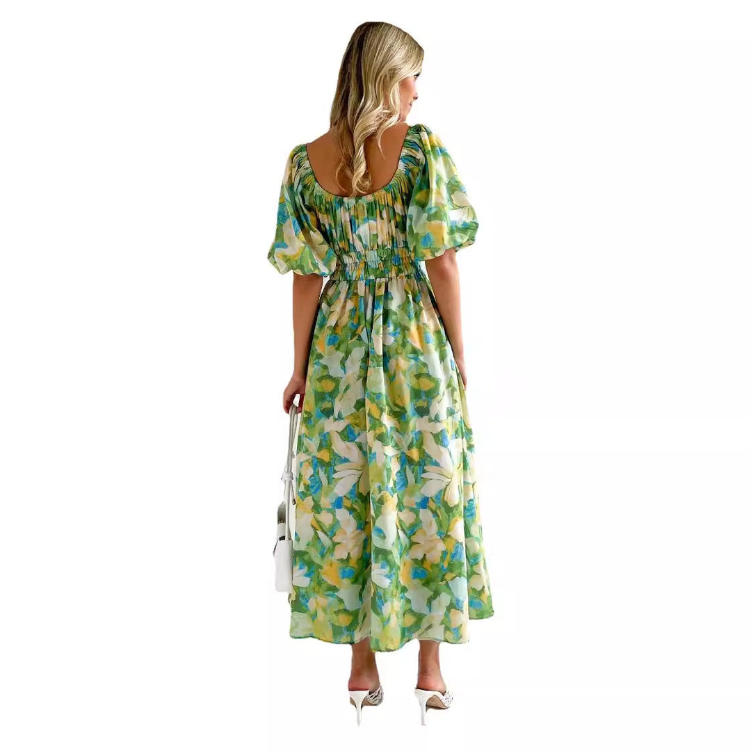 Damen Luftiges Maxikleid mit floralem Design und elastischem Taillenbund EB