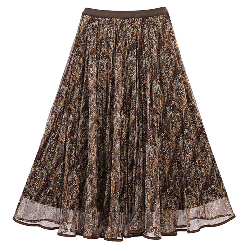 Damen  voluminöser Chiffon-Tellerrock im Paisley-Motiv mit elastischem Taillenbund EB