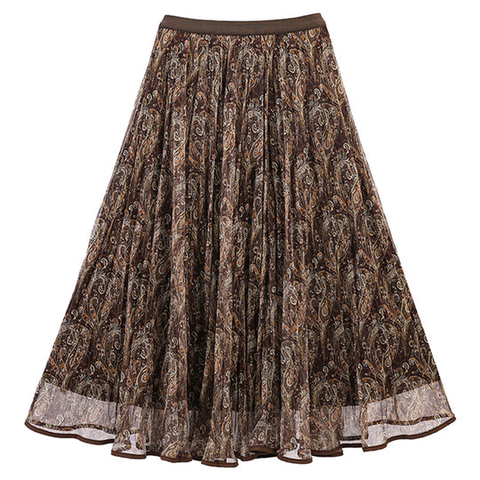Damen  voluminöser Chiffon-Tellerrock im Paisley-Motiv mit elastischem Taillenbund EB