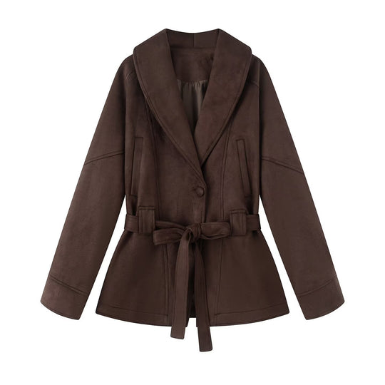 Damen elegante Wildlederjacke mit Taillengürtel EB