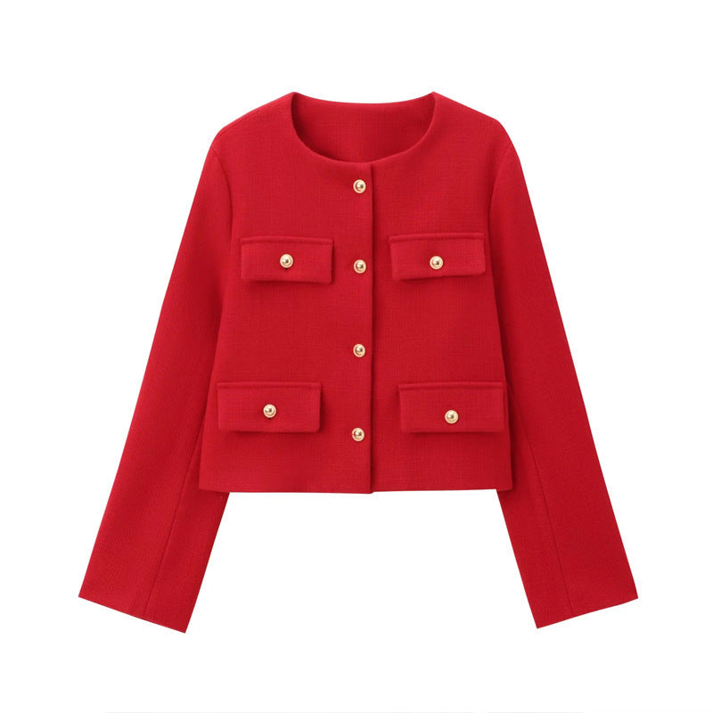 Damen Modische Kurzjacke mit dekorativen Knöpfen und praktischen Taschen EB