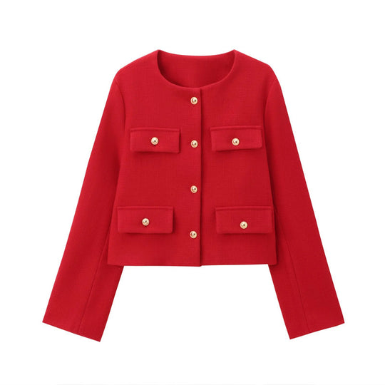 Damen Modische Kurzjacke mit dekorativen Knöpfen und praktischen Taschen EB