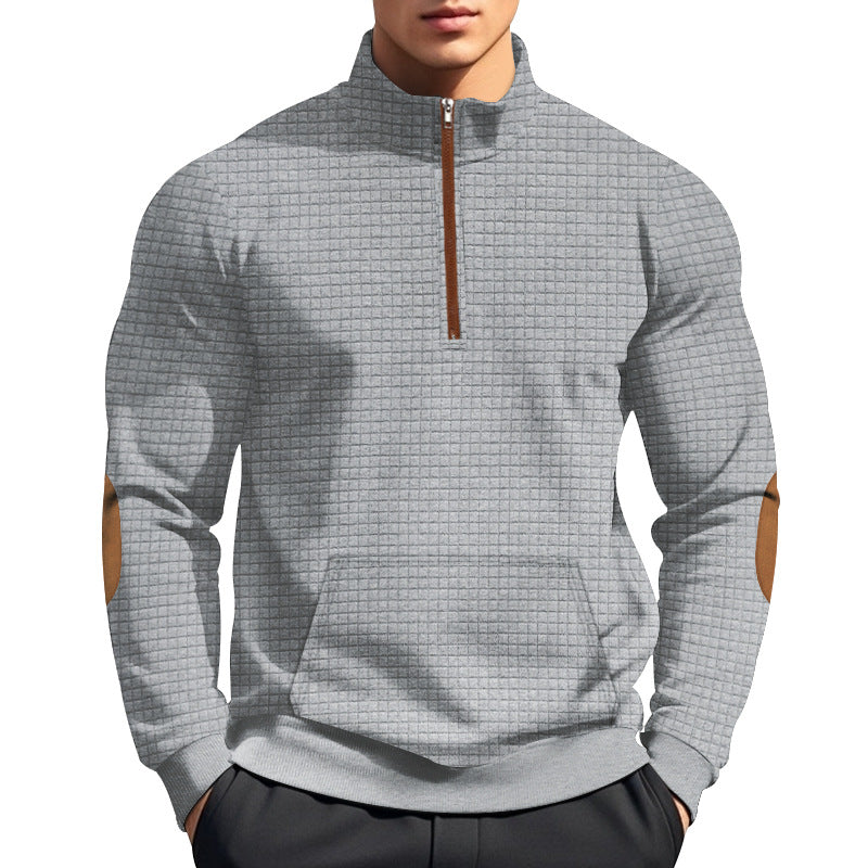 Herren nan gestepptes Halfzip-Sweatshirt mit Stehkragen, Kängurutasche und Kunstleder-Ellenbogenpatches EB