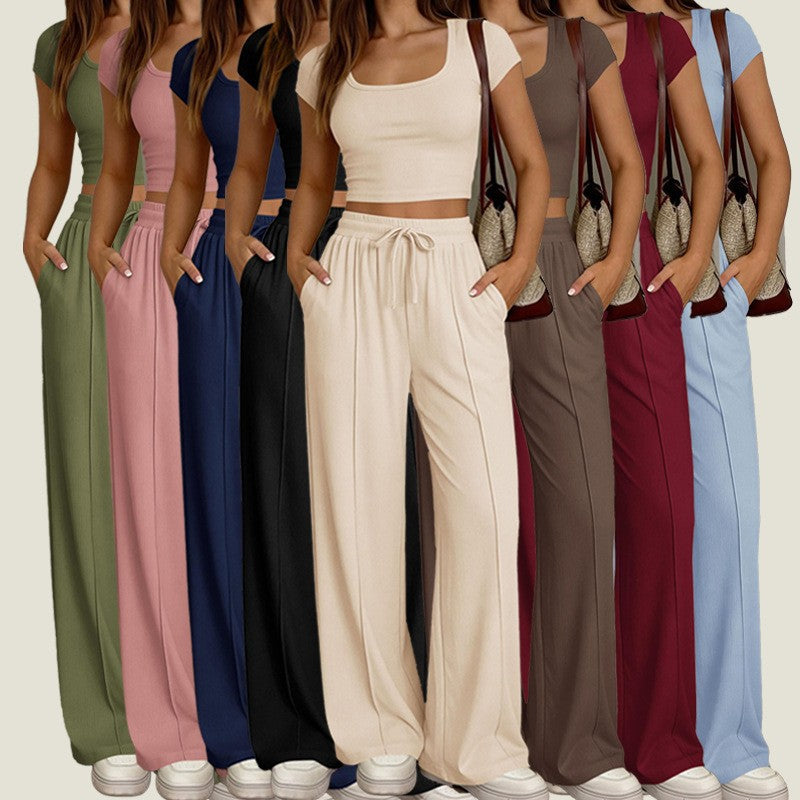 Damen lässiges Cropped-Top und weite Hose Set EB
